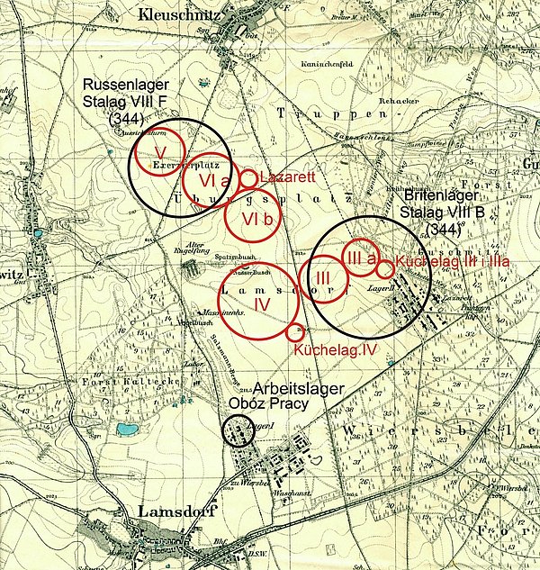 Kolorem czerwonym zaznaczono obozy z czasów I W Św. Czarnym II Wojna Św